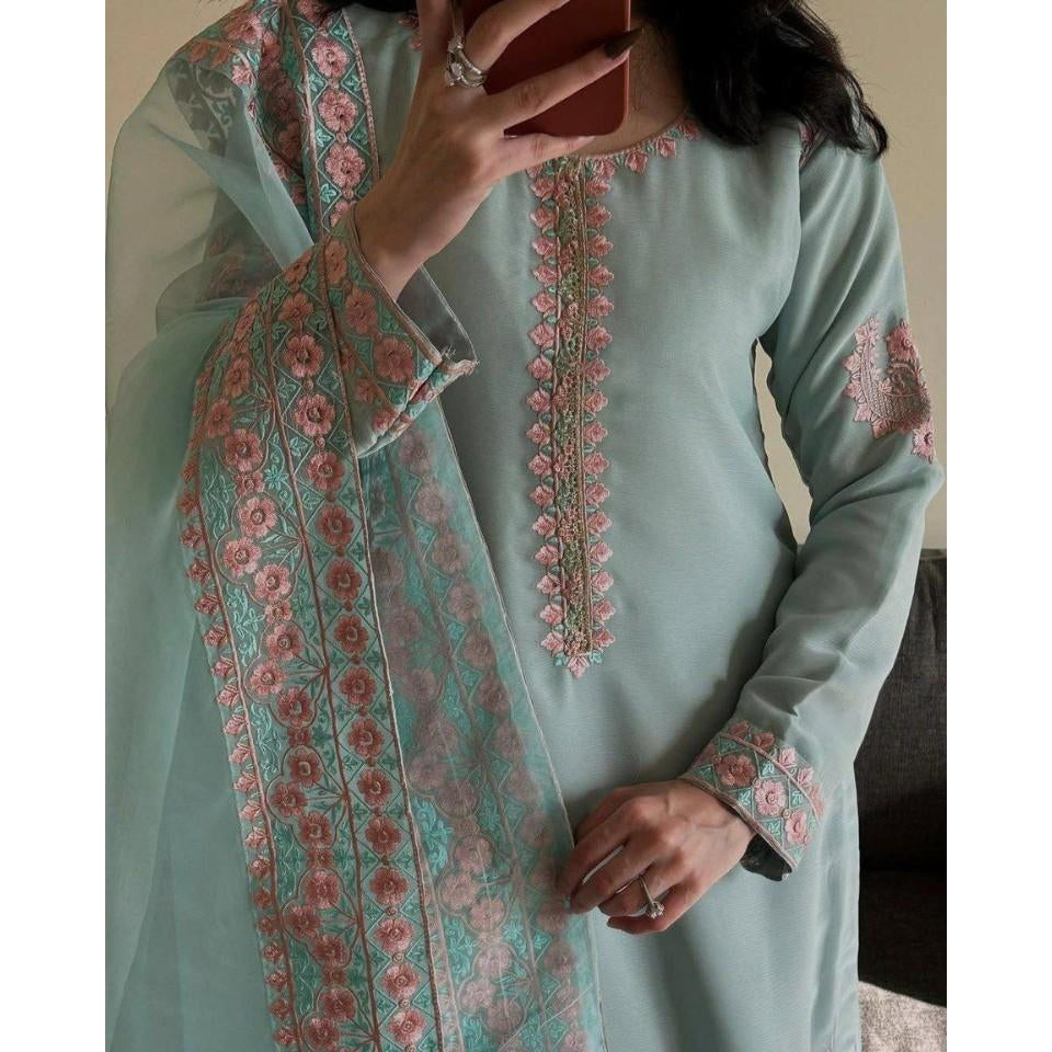 Fox Georgette Embroidered Plazzo Set with Organza Silk Dupatta