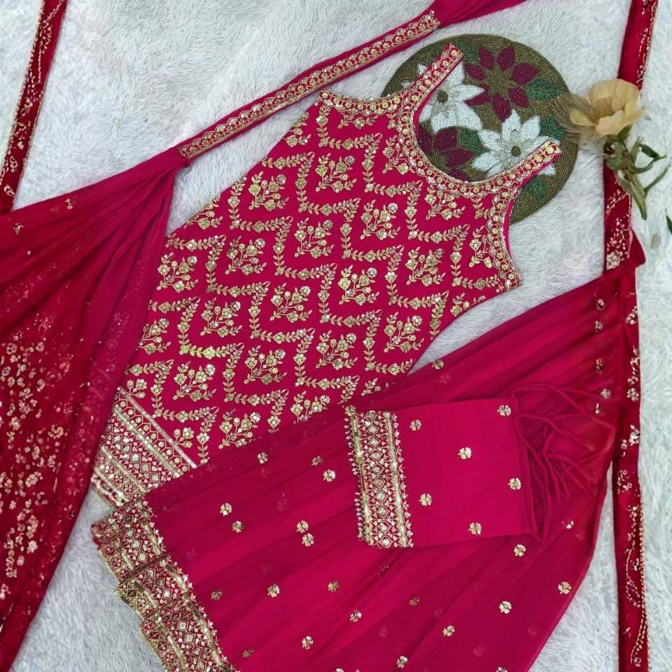 Heavy Faux Georgette Embroidered Plazzo Set with Potli & Dupatta