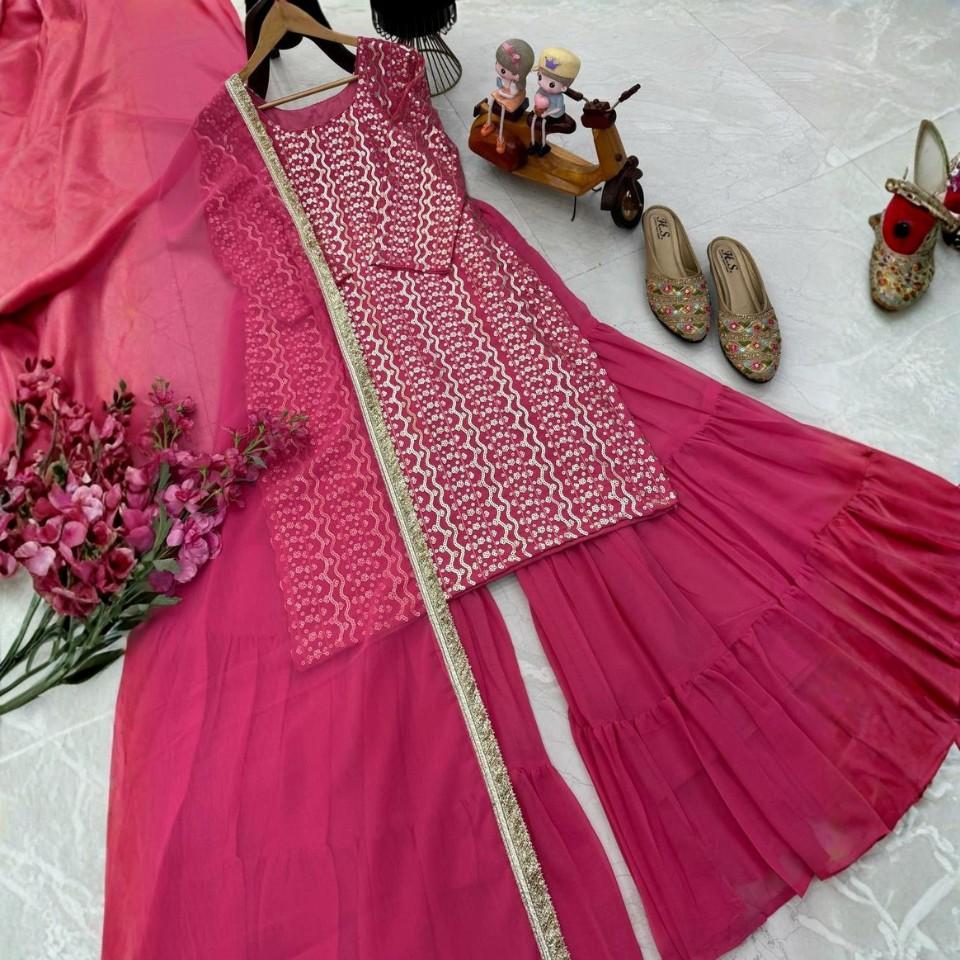 Fox Georgette Kurta Plazzo Set with Dupatta – Fully Stitched