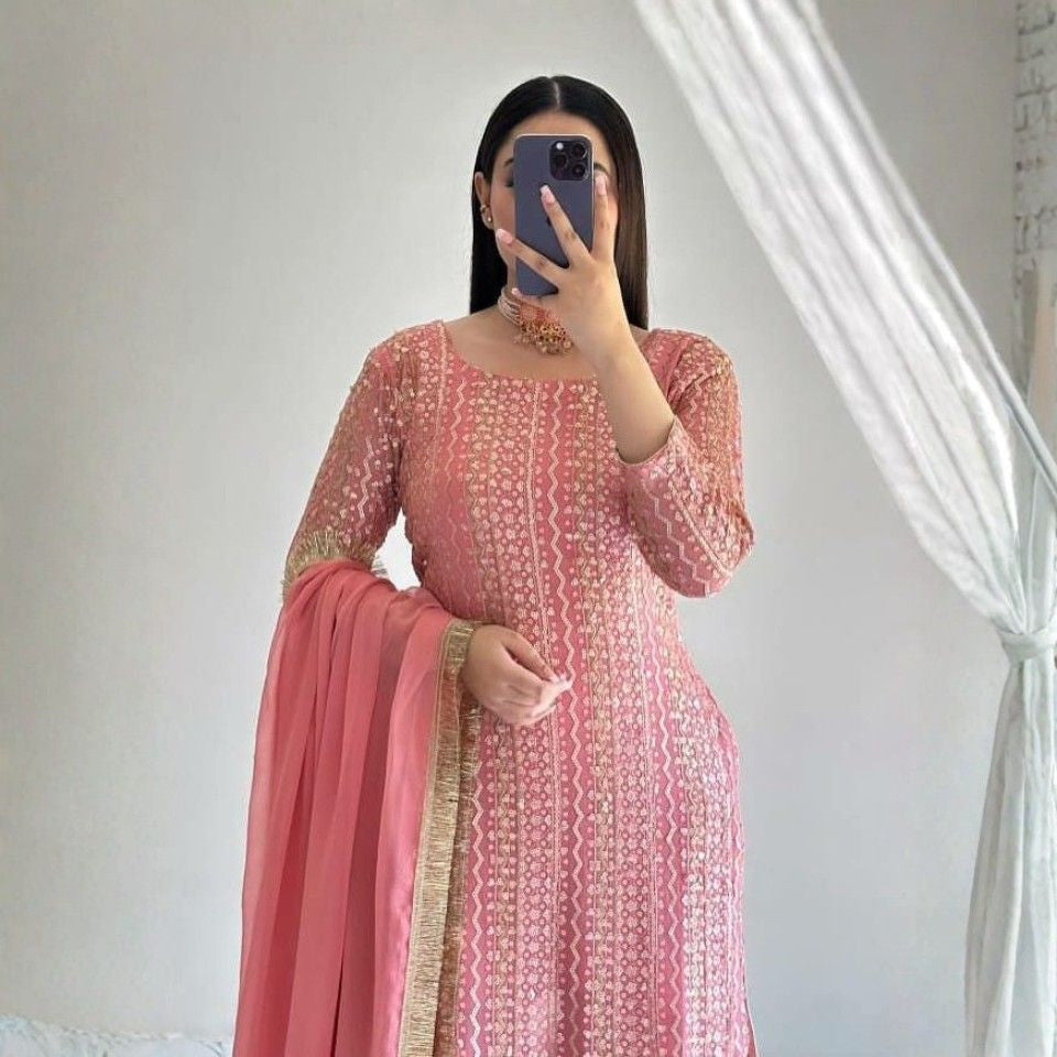 Fox Georgette Kurta Plazzo Set with Dupatta – Fully Stitched