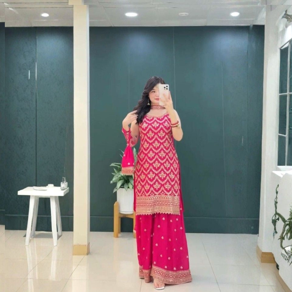 Heavy Faux Georgette Embroidered Plazzo Set with Potli & Dupatta