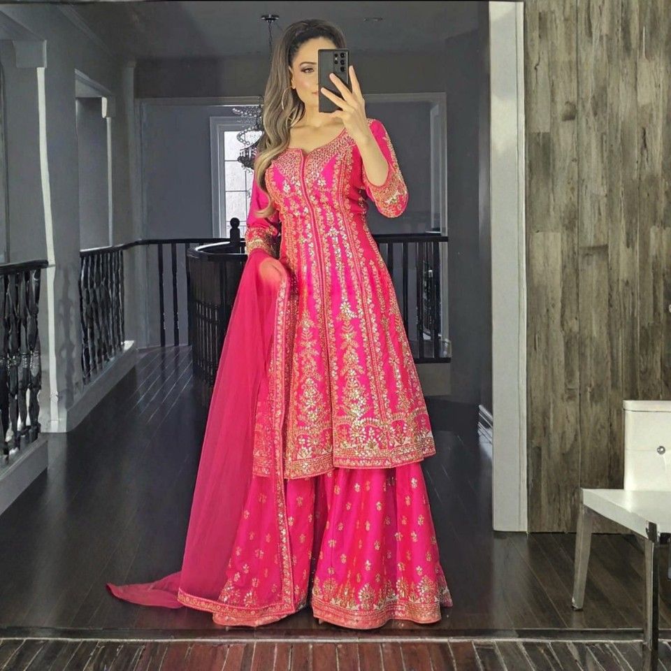 Heavy Malay Satin Silk Embroidered Sharara Set with Dupatta