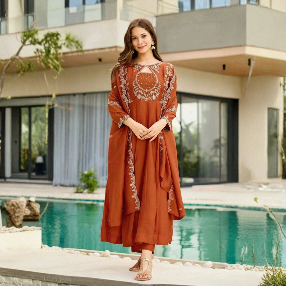 Reva Rust Orange Vichitra Silk Anarkali Set
