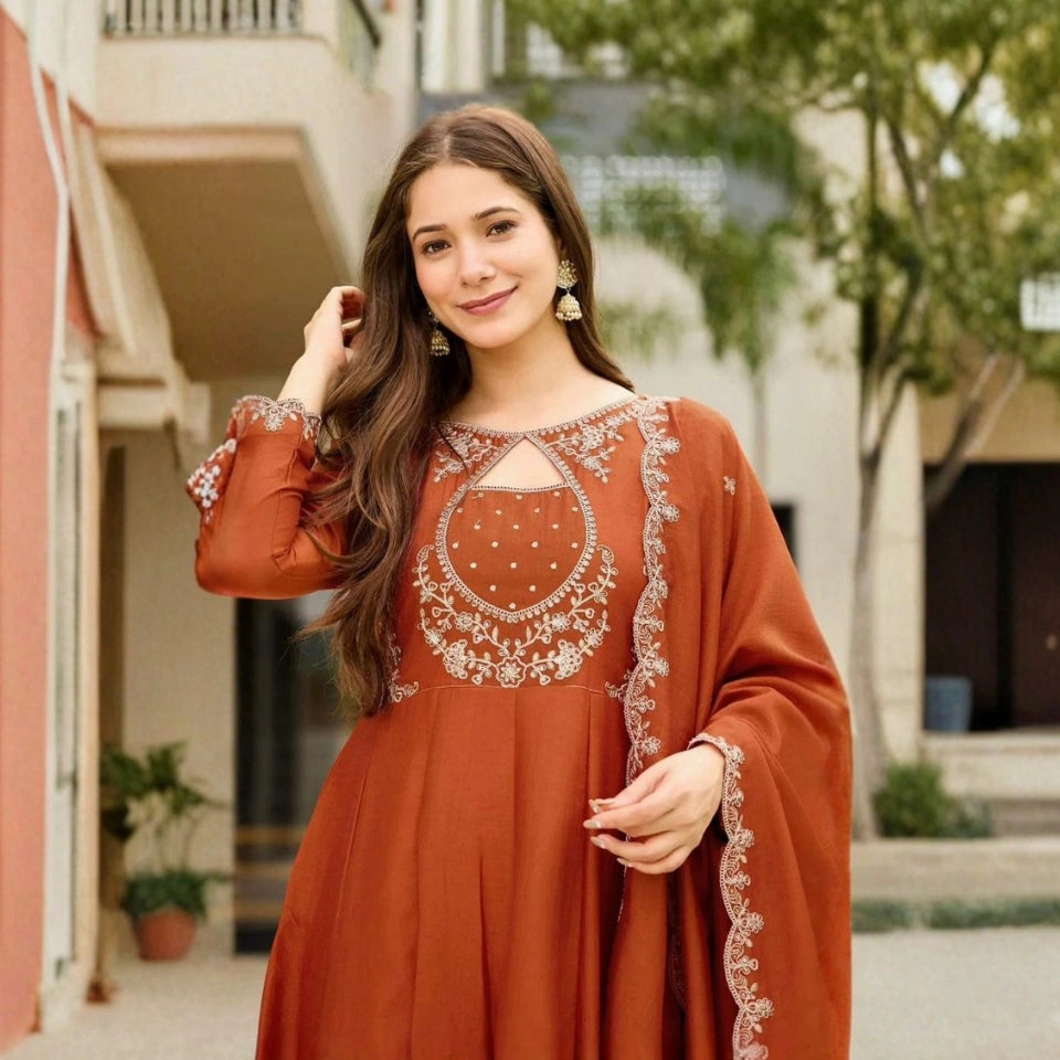 Reva Rust Orange Vichitra Silk Anarkali Set