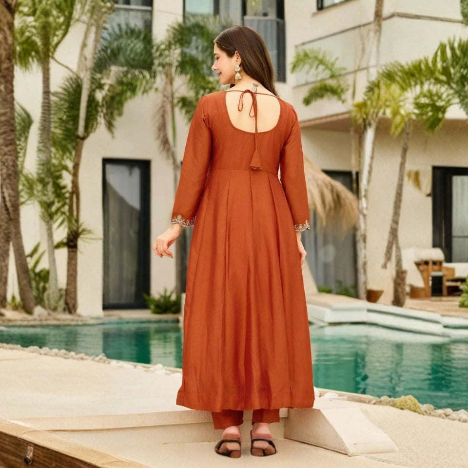 Reva Rust Orange Vichitra Silk Anarkali Set