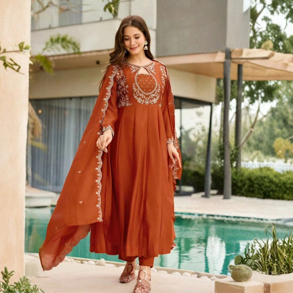 Reva Rust Orange Vichitra Silk Anarkali Set