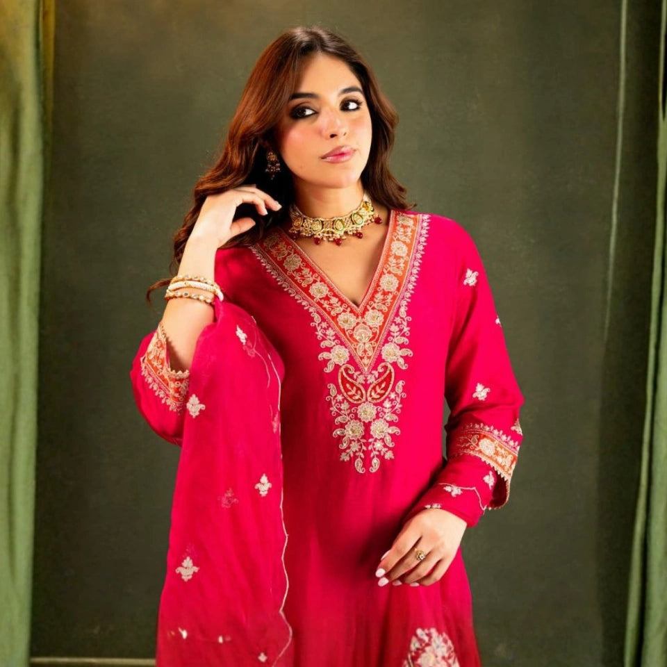 Ruhani Viscose Chanderi Embroidered Anarkali Set