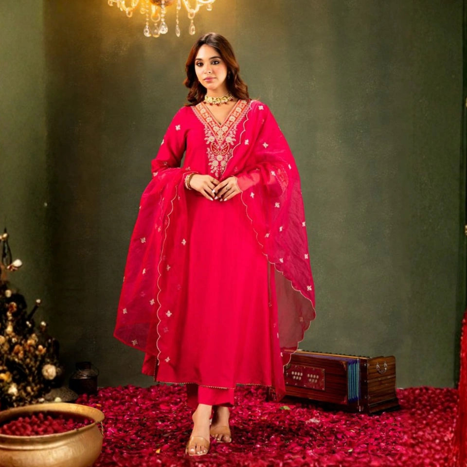 Ruhani Viscose Chanderi Embroidered Anarkali Set
