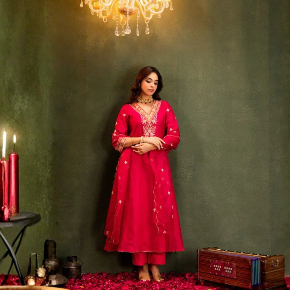 Ruhani Viscose Chanderi Embroidered Anarkali Set