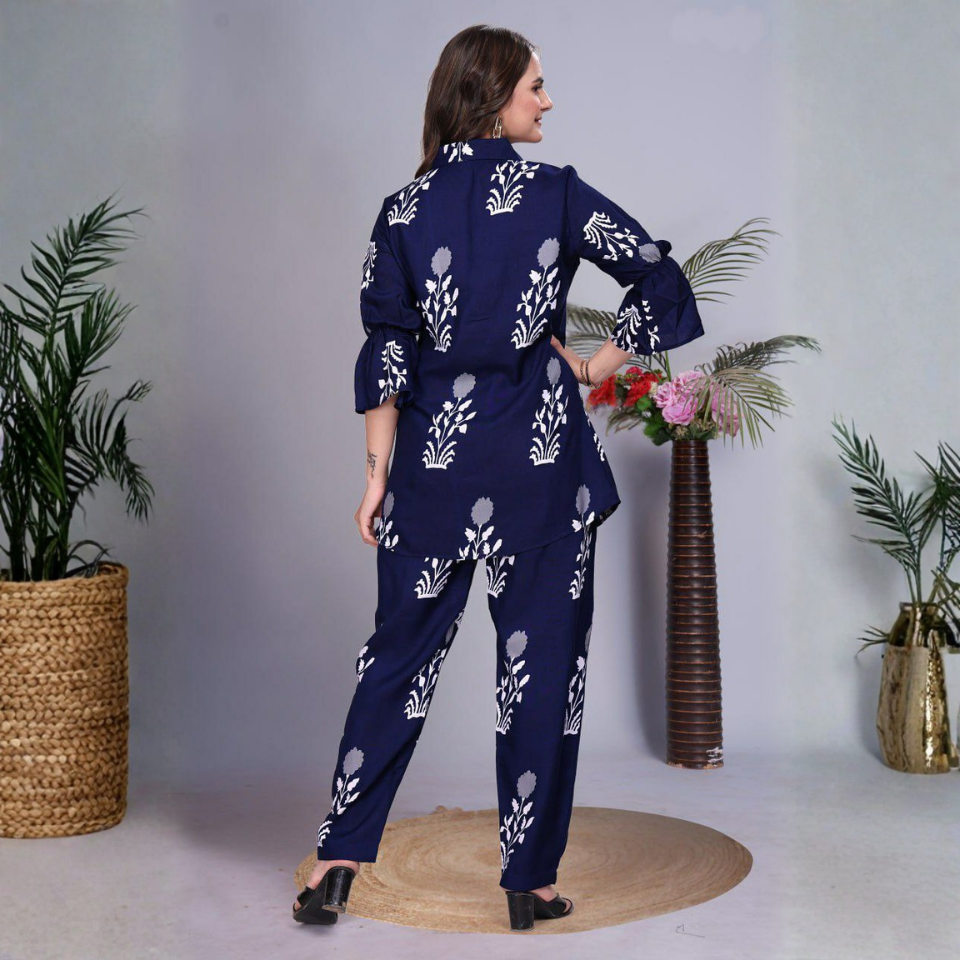 Stylish Blue Rayon Printed Short Kurti with Collar Neck