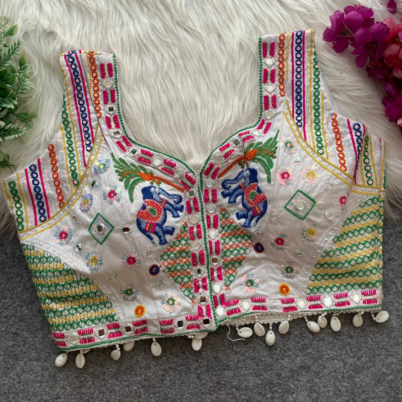 TRADITIONAL NAVRATRI SPL. MULTI MIRROR WORK HALTER COLLAR NECK BLOUSE