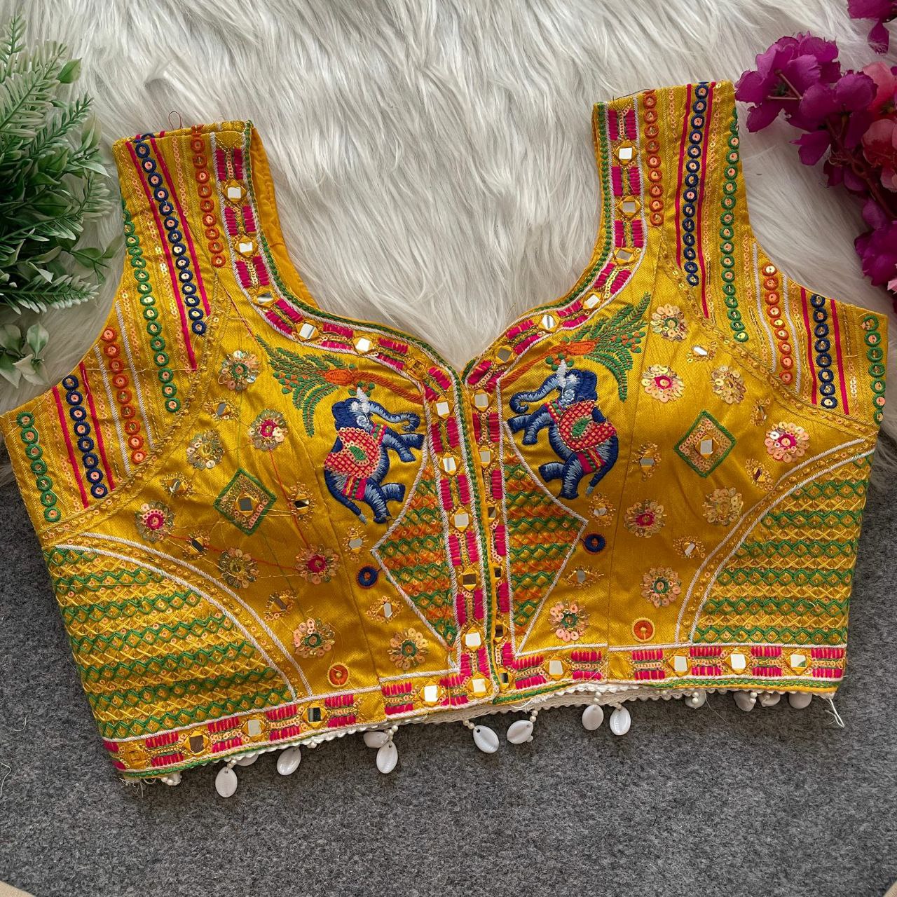 TRADITIONAL NAVRATRI SPL. MULTI MIRROR WORK HALTER COLLAR NECK BLOUSE