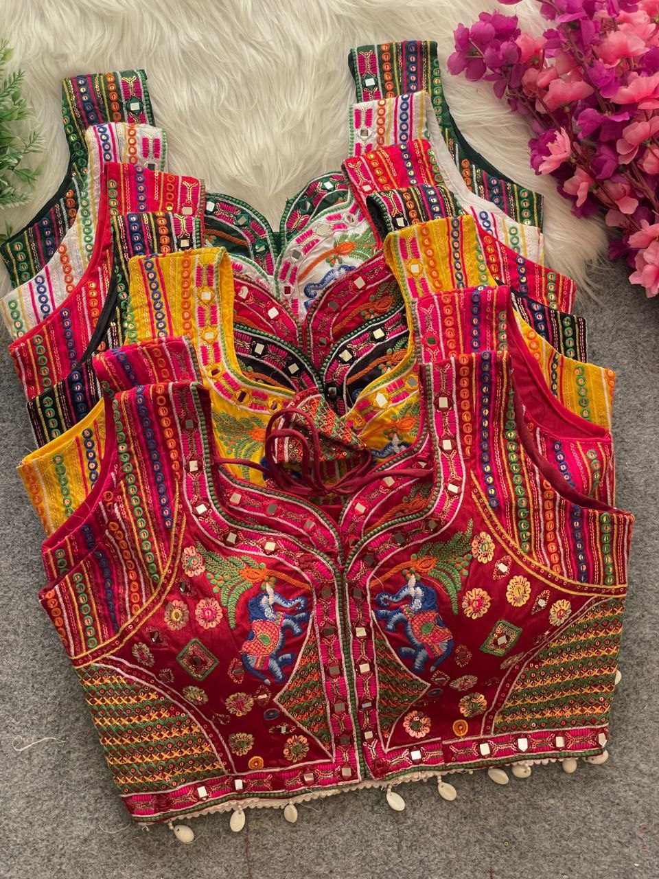 TRADITIONAL NAVRATRI SPL. MULTI MIRROR WORK HALTER COLLAR NECK BLOUSE