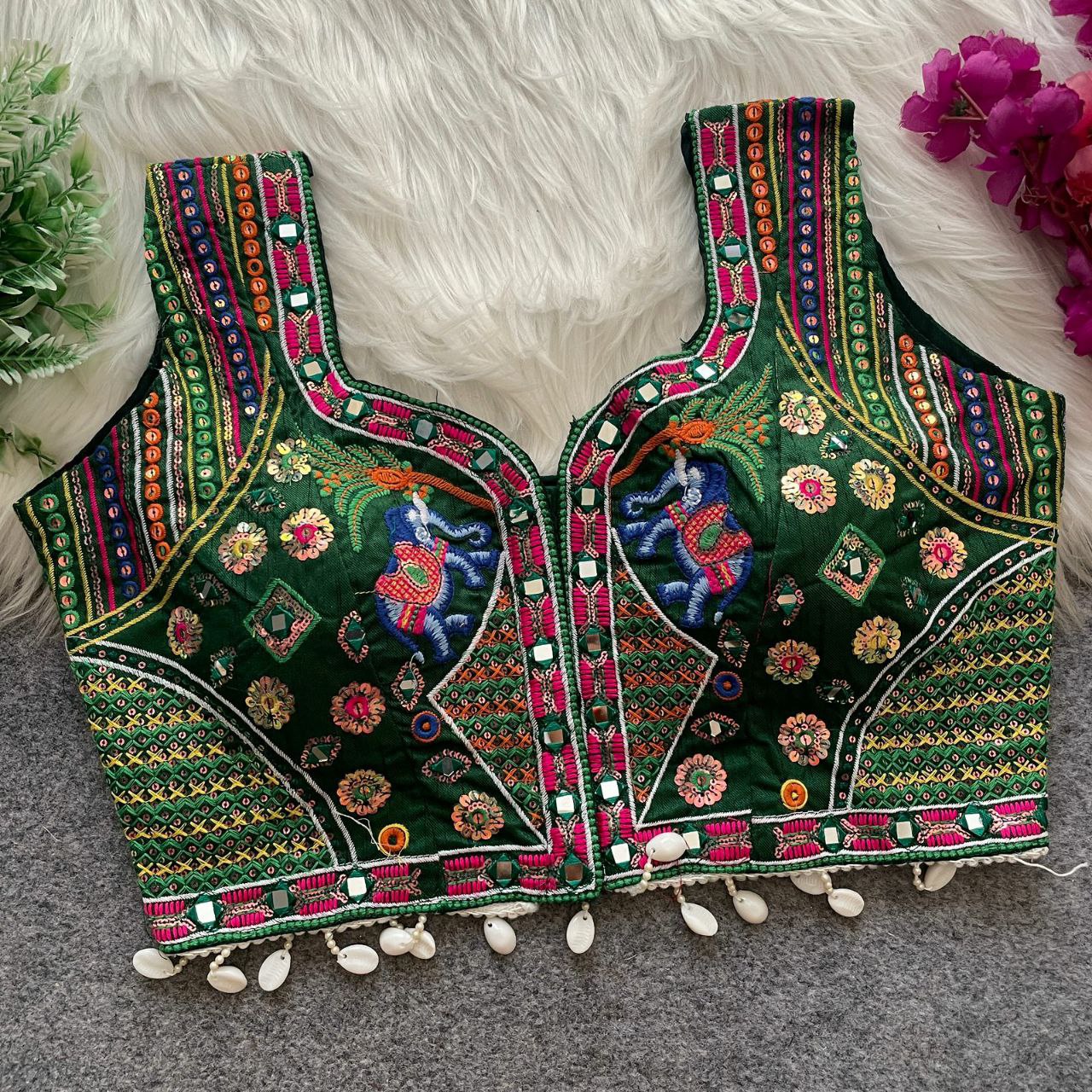 TRADITIONAL NAVRATRI SPL. MULTI MIRROR WORK HALTER COLLAR NECK BLOUSE