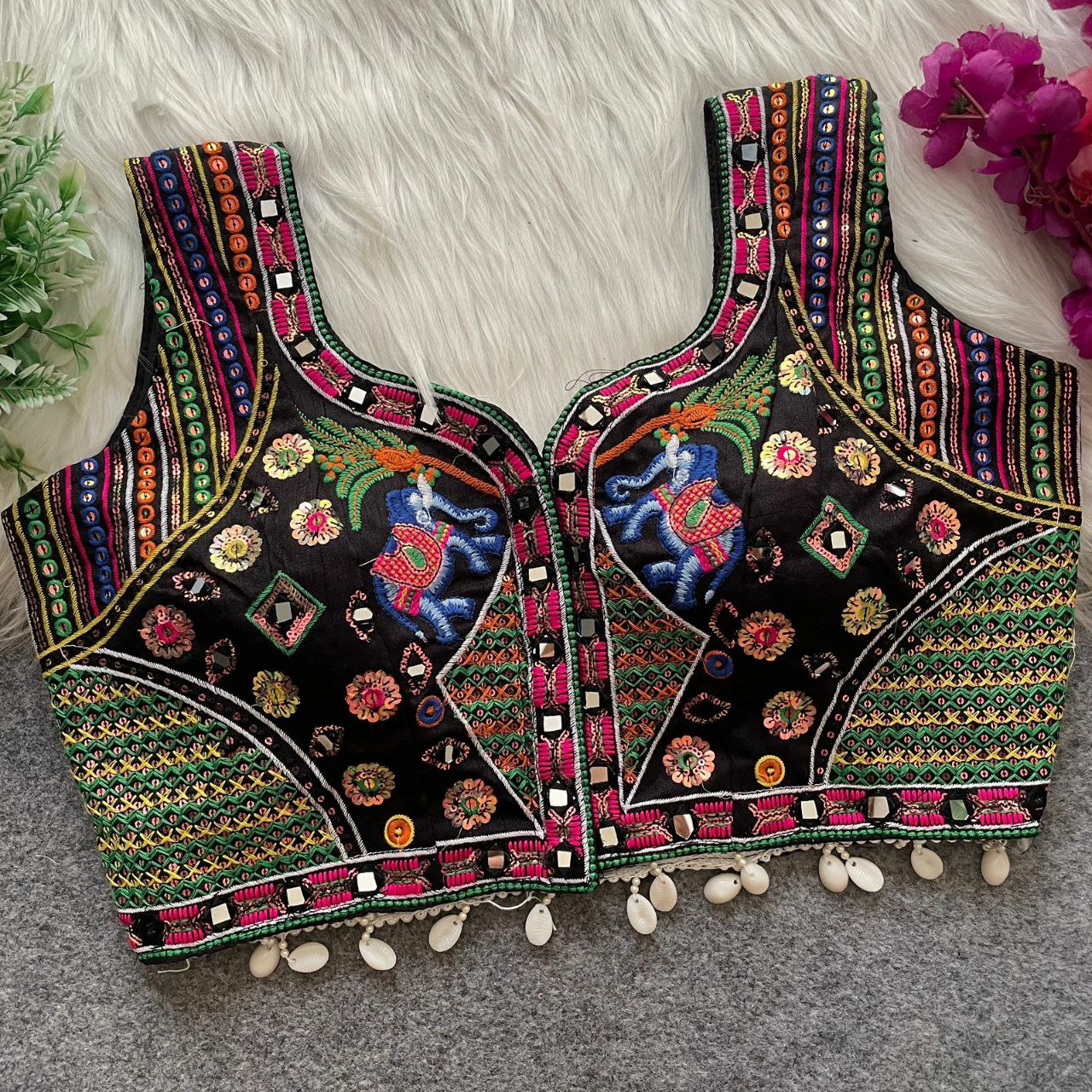 TRADITIONAL NAVRATRI SPL. MULTI MIRROR WORK HALTER COLLAR NECK BLOUSE
