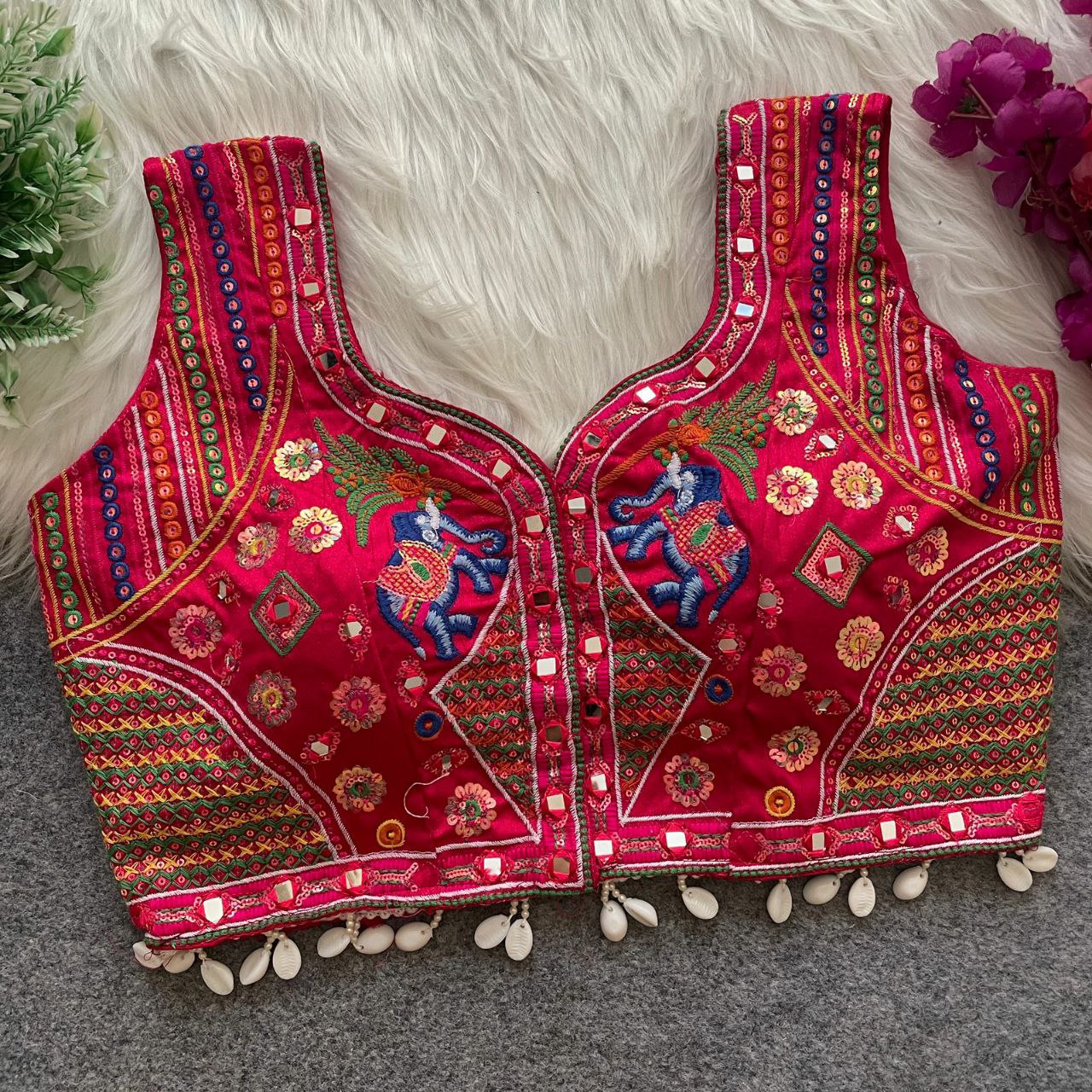 TRADITIONAL NAVRATRI SPL. MULTI MIRROR WORK HALTER COLLAR NECK BLOUSE