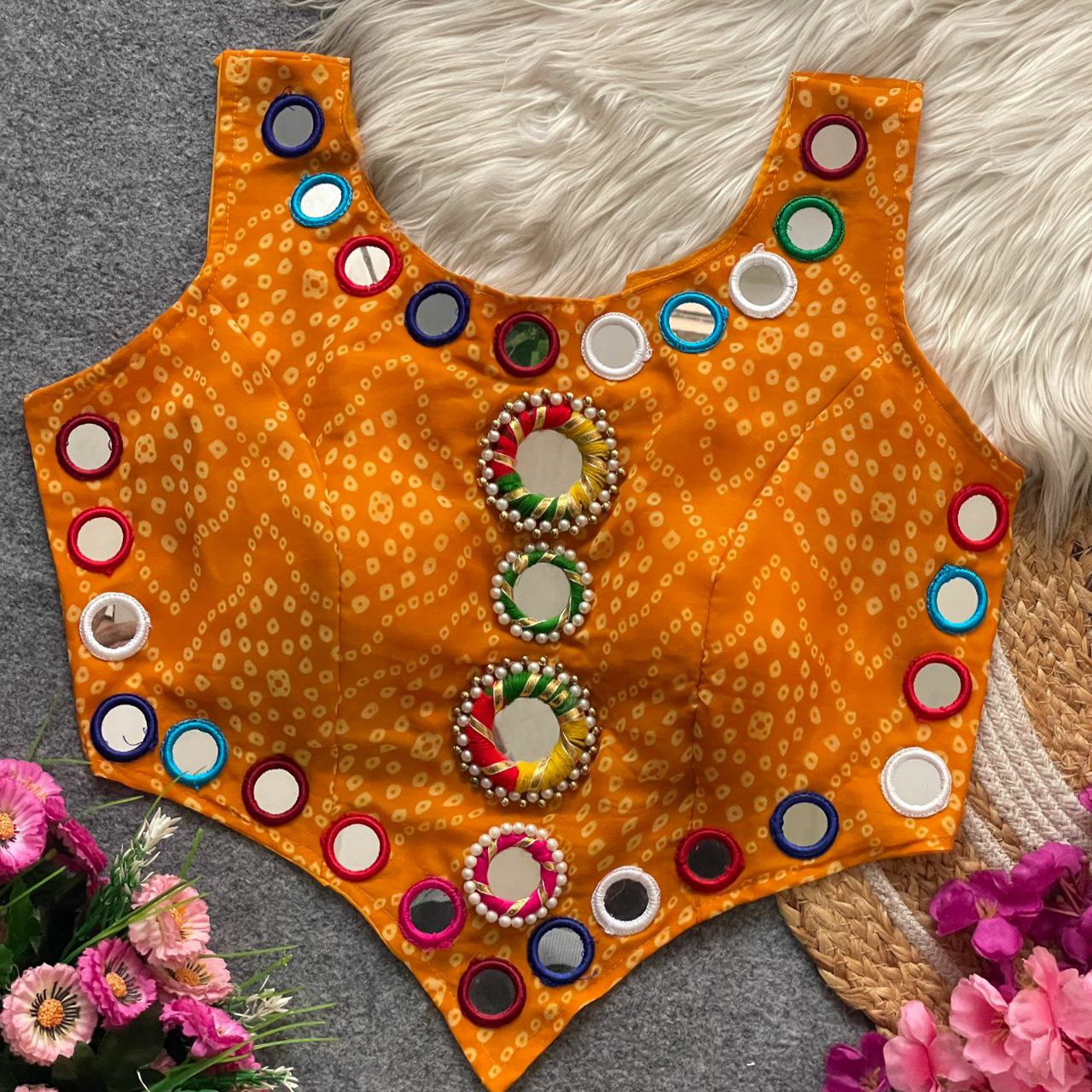 Pure Georgette Bandhani with heavy mirror work blouse