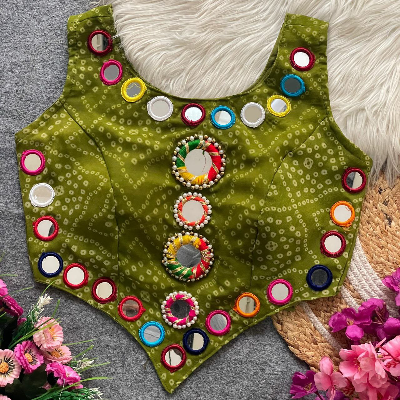 Pure Georgette Bandhani with heavy mirror work blouse