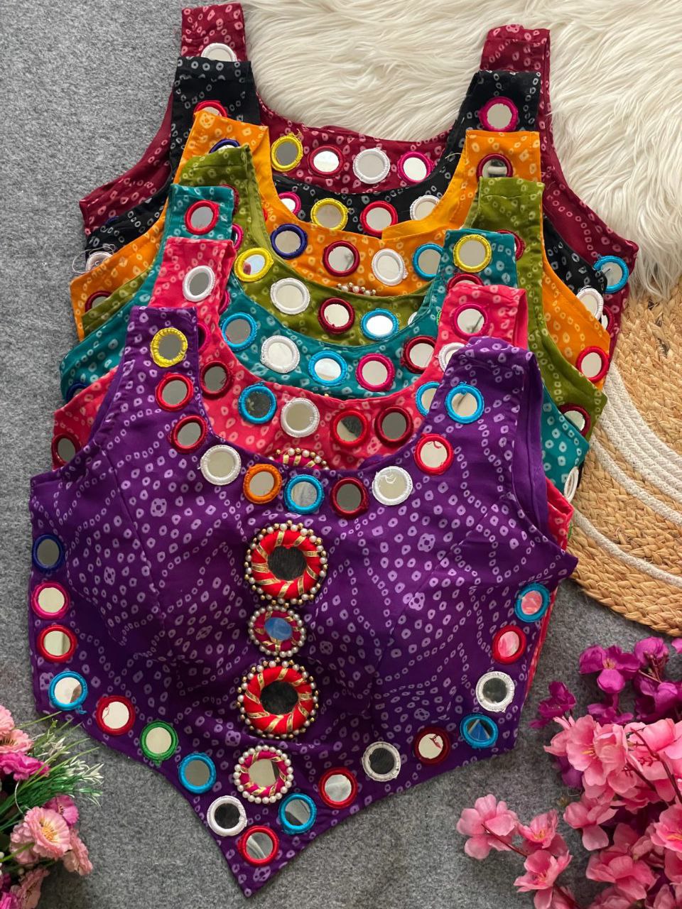 Pure Georgette Bandhani with heavy mirror work blouse