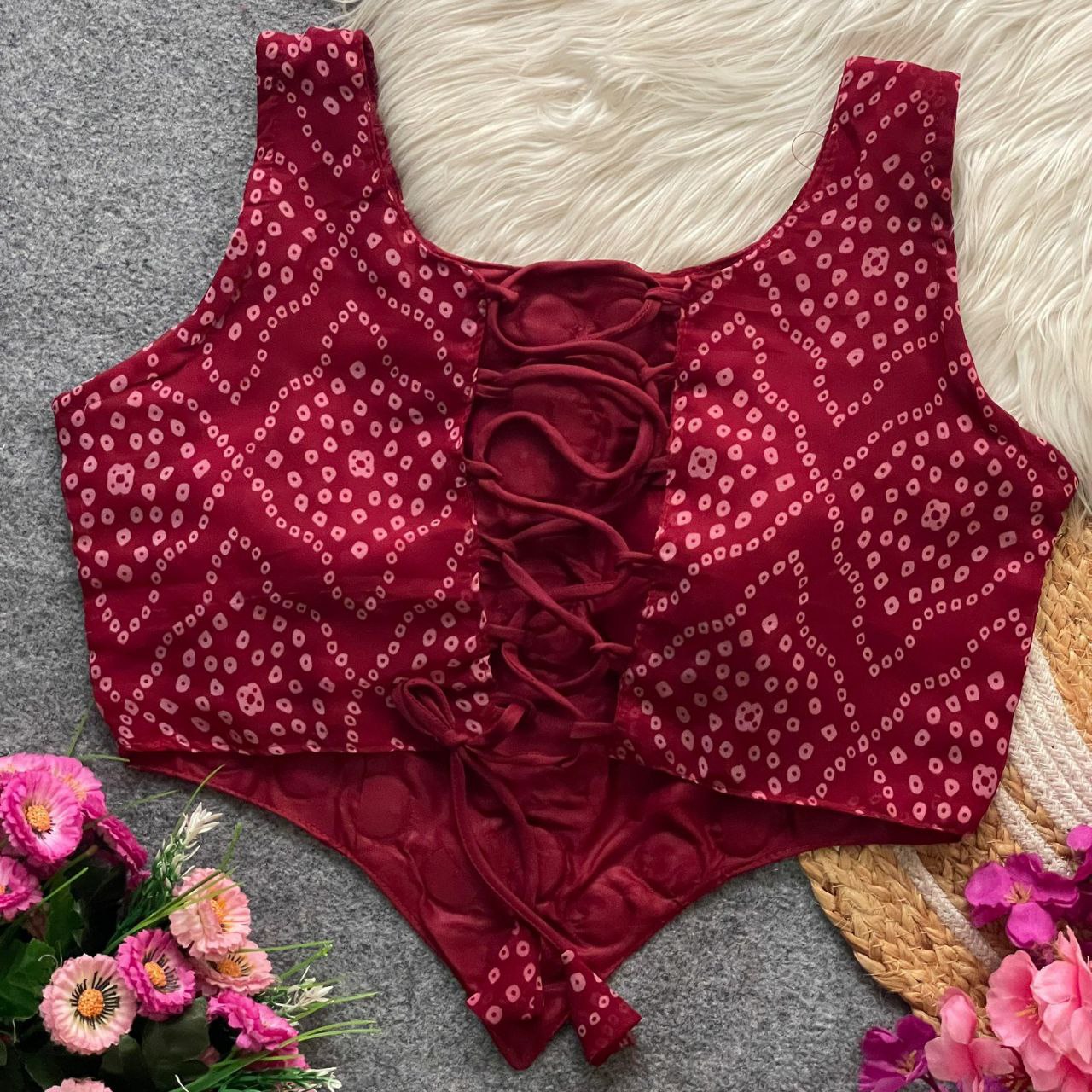 Pure Georgette Bandhani with heavy mirror work blouse