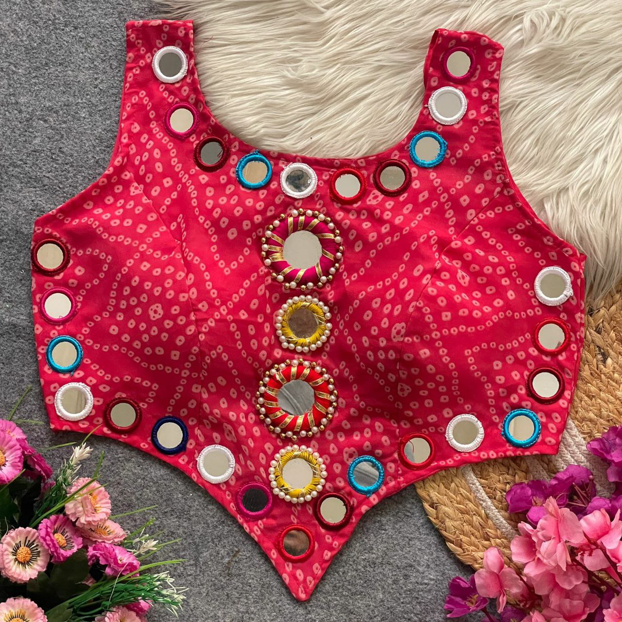 Pure Georgette Bandhani with heavy mirror work blouse