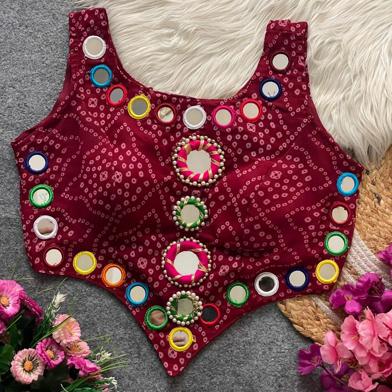 Pure Georgette Bandhani with heavy mirror work blouse
