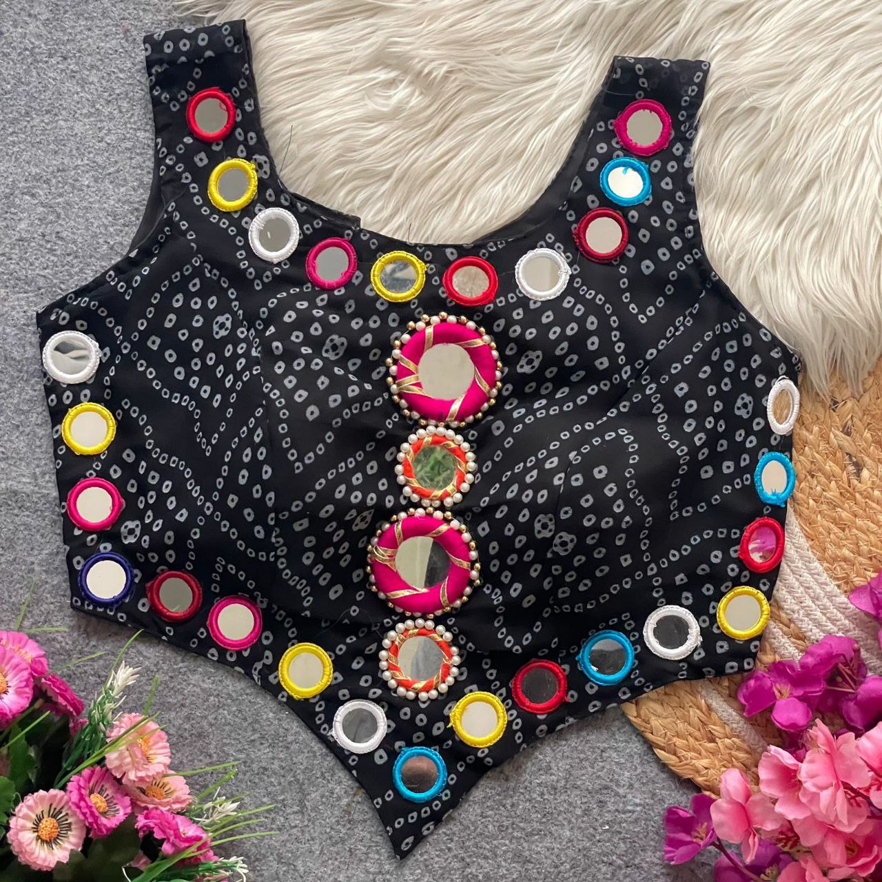 Pure Georgette Bandhani with heavy mirror work blouse