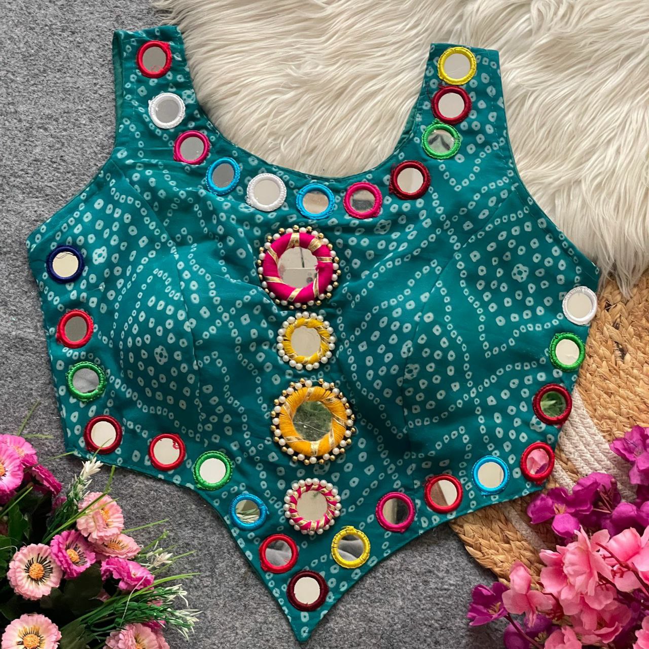 Pure Georgette Bandhani with heavy mirror work blouse